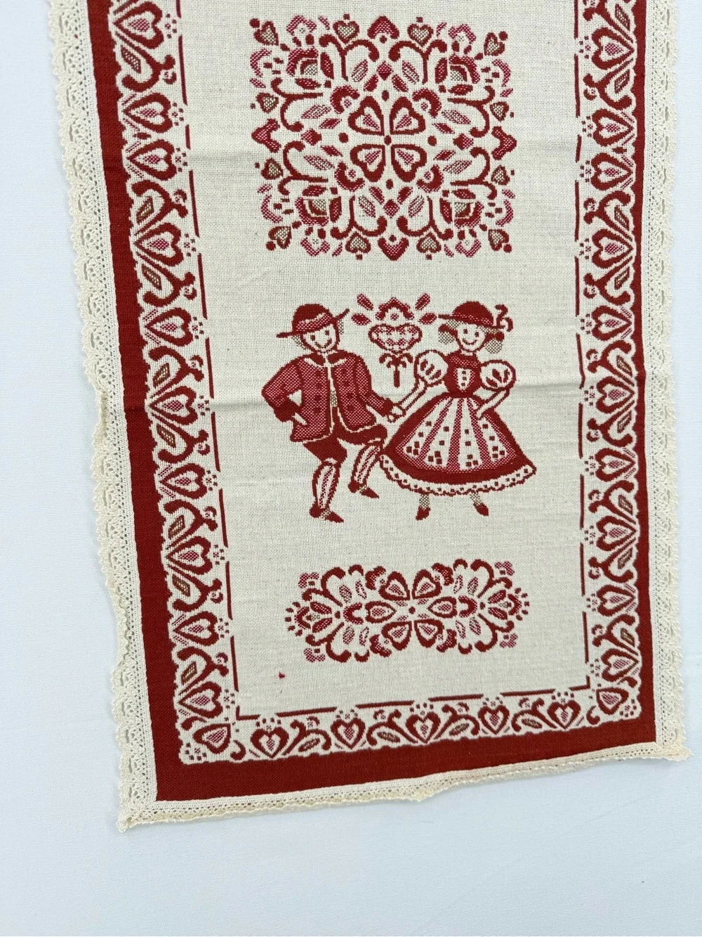 Vintage European Folk Art Table Runner Red Cream Lace Trim Cottage Decor